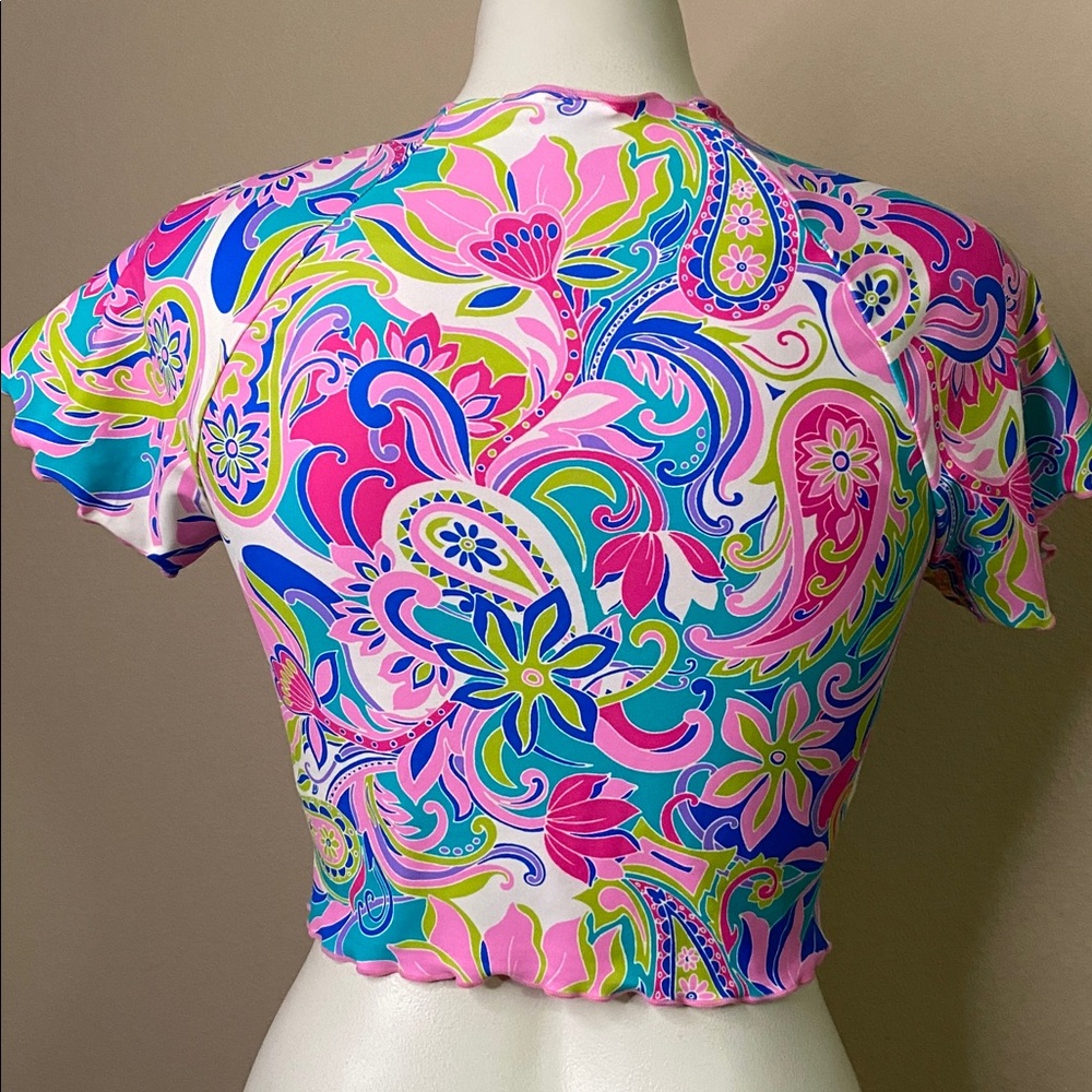 No Boundaries Pink Multicolor flower Design Crop top with lined shelf bra 💖 S - Picture 3 of 7